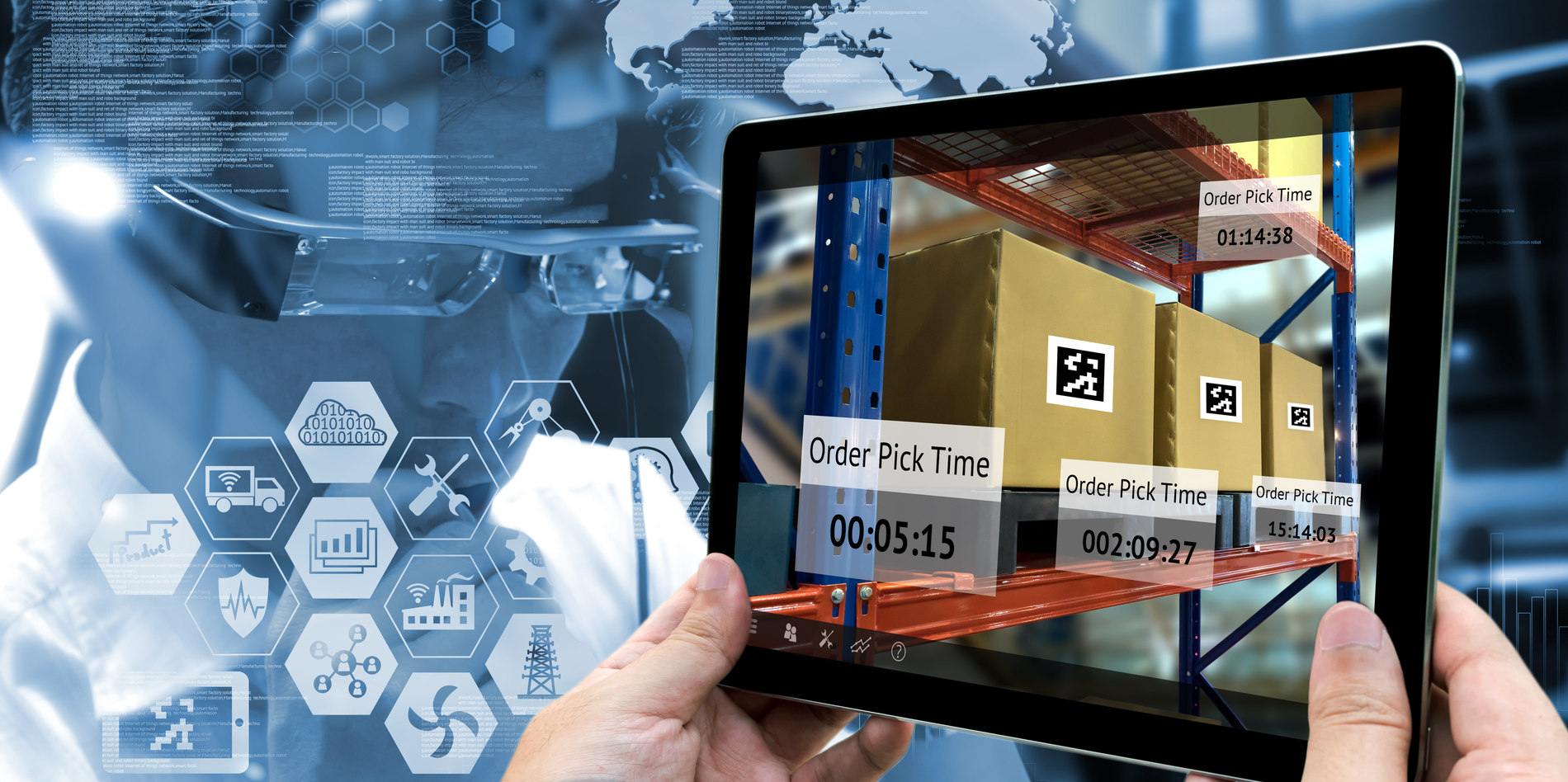 Industry 4.0,Augmented reality and smart logistic concept. Hand holding tablet with AR application for check order pick time in smart factory warehouse.Man use AR glasses and infographic background.